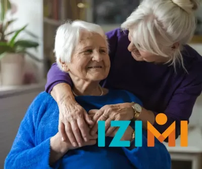 oudere dame met dochter en Izimi logo oudere dame met dochter en Izimi logo