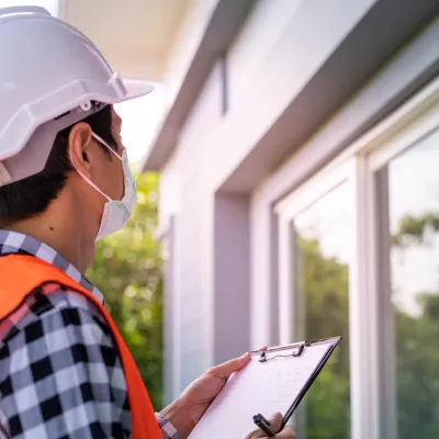 Een persoon inspecteert een woning  Een persoon inspecteert een woning